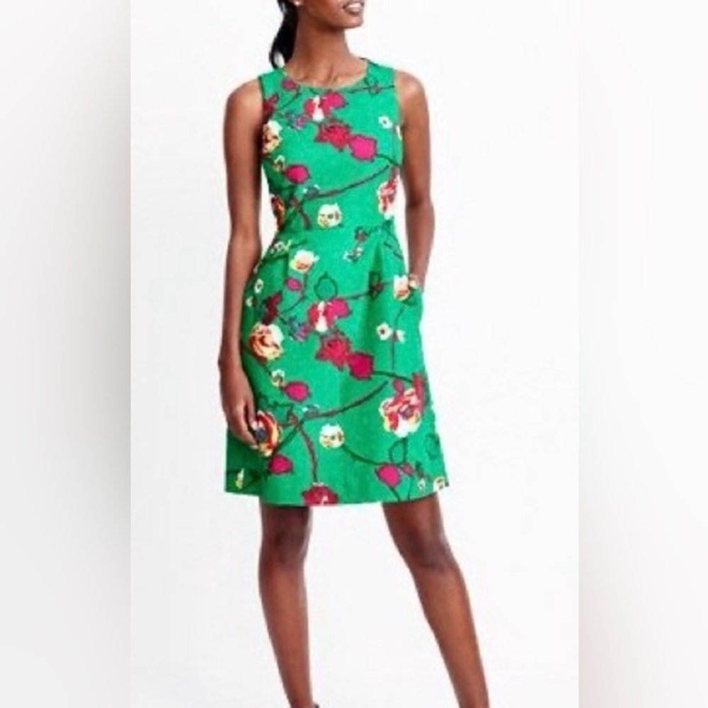 J. Crew Green Floral Sleeveless Fit-and-Flare Dress Size 8